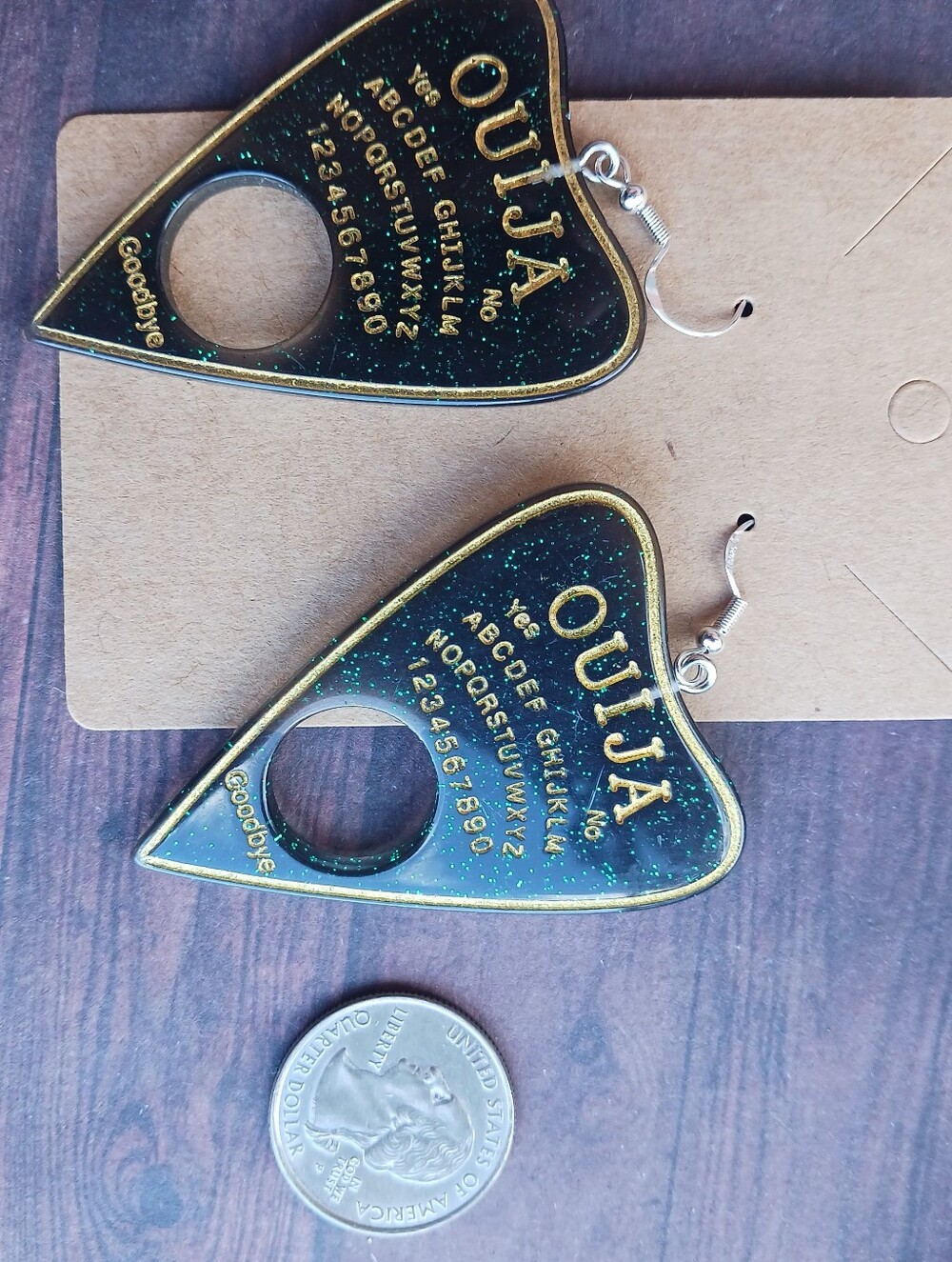 Ouija Planchette Drop Earrings - Black and Gold
